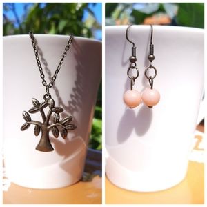 Pink Agate Earrings & Tree Bronze Necklace Bundle